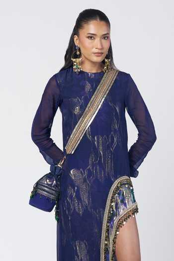 Rishi And Vibhuti Blue Organza, Georgette, Jacquard High Neck Indie Slit Dress Online at Aza Fashions Rishi And Vibhuti_Blue Organza, Georgette, Jacquard High Neck Indie Slit Dress _Online_at_Aza_Fashions