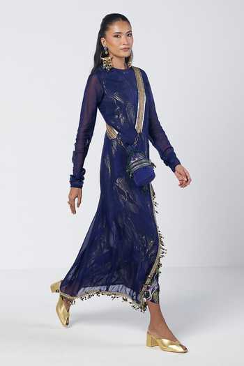 Buy Rishi And Vibhuti Blue Organza, Georgette, Jacquard High Neck Indie Slit Dress Online at Aza Fashions Buy_Rishi And Vibhuti_Blue Organza, Georgette, Jacquard High Neck Indie Slit Dress _Online_at_Aza_Fashions