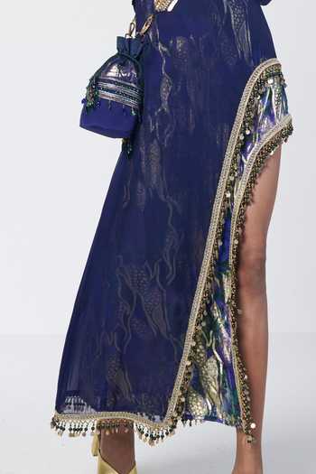Shop Rishi And Vibhuti Blue Organza, Georgette, Jacquard High Neck Indie Slit Dress Online at Aza Fashions Shop_Rishi And Vibhuti_Blue Organza, Georgette, Jacquard High Neck Indie Slit Dress _Online_at_Aza_Fashions