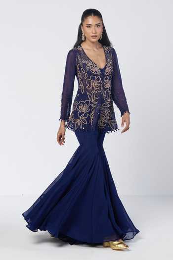 Rishi And Vibhuti Blue Organza, Crepe V-neck Rim-jhim Embroidered Jacket And Sharara Set Online at Aza Fashions Rishi And Vibhuti_Blue Organza, Crepe V-neck Rim-jhim Embroidered Jacket And Sharara Set _Online_at_Aza_Fashions