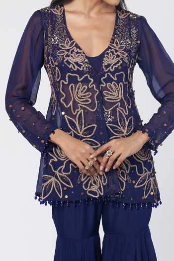 Buy Rishi And Vibhuti Blue Organza, Crepe V-neck Rim-jhim Embroidered Jacket And Sharara Set Online at Aza Fashions Buy_Rishi And Vibhuti_Blue Organza, Crepe V-neck Rim-jhim Embroidered Jacket And Sharara Set _Online_at_Aza_Fashions