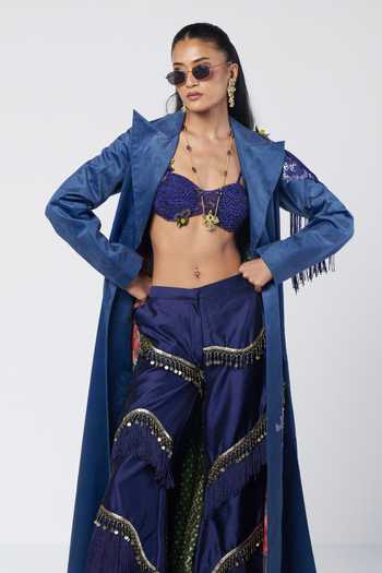 Rishi And Vibhuti Blue Silk, Chanderi, Net, Velvet, Taffeta Embroidered Trench Coat And Pant Set Online at Aza Fashions Rishi And Vibhuti_Blue Silk, Chanderi, Net, Velvet, Taffeta Embroidered Trench Coat And Pant Set _Online_at_Aza_Fashions