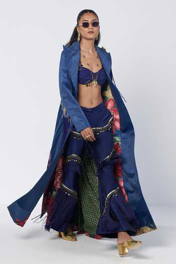 Buy Rishi And Vibhuti Blue Silk, Chanderi, Net, Velvet, Taffeta Embroidered Trench Coat And Pant Set Online at Aza Fashions Buy_Rishi And Vibhuti_Blue Silk, Chanderi, Net, Velvet, Taffeta Embroidered Trench Coat And Pant Set _Online_at_Aza_Fashions