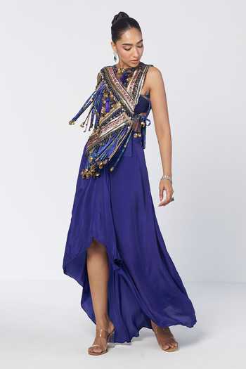 Buy Rishi And Vibhuti Blue Cotton, Crepe, Jacquard Tassels Embroidered Gilet And Draped Skirt Set Online at Aza Fashions Buy_Rishi And Vibhuti_Blue Cotton, Crepe, Jacquard Tassels Embroidered Gilet And Draped Skirt Set _Online_at_Aza_Fashions