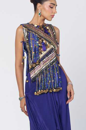Shop Rishi And Vibhuti Blue Cotton, Crepe, Jacquard Tassels Embroidered Gilet And Draped Skirt Set Online at Aza Fashions Shop_Rishi And Vibhuti_Blue Cotton, Crepe, Jacquard Tassels Embroidered Gilet And Draped Skirt Set _Online_at_Aza_Fashions