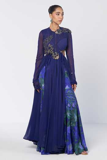 Rishi And Vibhuti Blue Organza, Crepe Round Neck Iconic Anarkali And Printed Flared Pant Set Online at Aza Fashions Rishi And Vibhuti_Blue Organza, Crepe Round Neck Iconic Anarkali And Printed Flared Pant Set _Online_at_Aza_Fashions