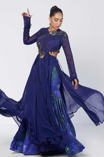 Buy Rishi And Vibhuti Blue Organza, Crepe Round Neck Iconic Anarkali And Printed Flared Pant Set Online at Aza Fashions Buy_Rishi And Vibhuti_Blue Organza, Crepe Round Neck Iconic Anarkali And Printed Flared Pant Set _Online_at_Aza_Fashions