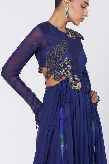 Shop Rishi And Vibhuti Blue Organza, Crepe Round Neck Iconic Anarkali And Printed Flared Pant Set Online at Aza Fashions Shop_Rishi And Vibhuti_Blue Organza, Crepe Round Neck Iconic Anarkali And Printed Flared Pant Set _Online_at_Aza_Fashions