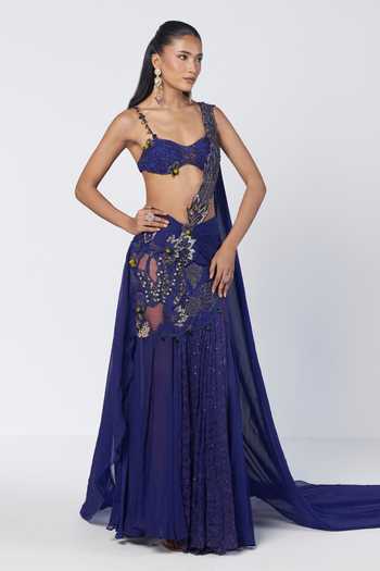 Rishi And Vibhuti_Blue Organza, Net, Chantilly Electric Concept Pre-draped Saree With Bralette _Online_at_Aza_Fashions