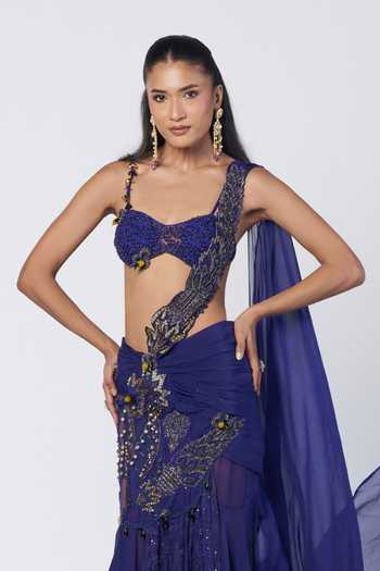 Buy_Rishi And Vibhuti_Blue Organza, Net, Chantilly Electric Concept Pre-draped Saree With Bralette _Online_at_Aza_Fashions