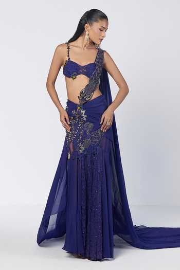 Shop_Rishi And Vibhuti_Blue Organza, Net, Chantilly Electric Concept Pre-draped Saree With Bralette _Online_at_Aza_Fashions