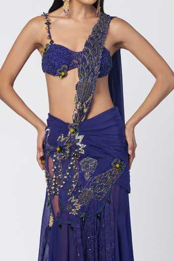 Rishi And Vibhuti_Blue Organza, Net, Chantilly Electric Concept Pre-draped Saree With Bralette _at_Aza_Fashions