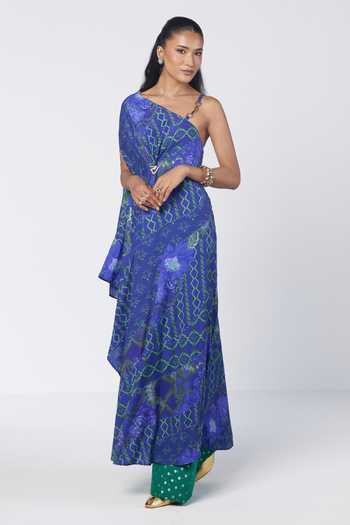 Rishi And Vibhuti Blue Georgette, Crepe, Jacquard One Draped Duo Tunic And Farshi Salwar Set Online at Aza Fashions Rishi And Vibhuti_Blue Georgette, Crepe, Jacquard One Draped Duo Tunic And Farshi Salwar Set _Online_at_Aza_Fashions