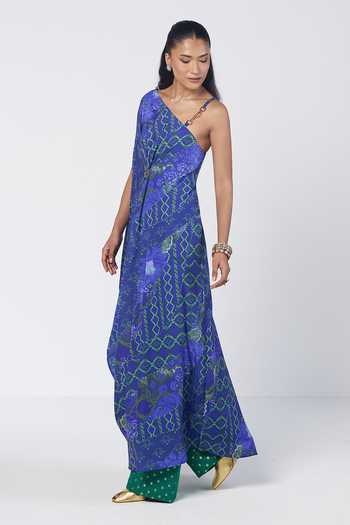 Shop Rishi And Vibhuti Blue Georgette, Crepe, Jacquard One Draped Duo Tunic And Farshi Salwar Set Online at Aza Fashions Shop_Rishi And Vibhuti_Blue Georgette, Crepe, Jacquard One Draped Duo Tunic And Farshi Salwar Set _Online_at_Aza_Fashions