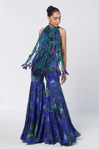 Rishi And Vibhuti Blue Crepe Halter Neck Rimjhim Trims Play Sharara Set With Tassel Cape Online at Aza Fashions Rishi And Vibhuti_Blue Crepe Halter Neck Rimjhim Trims Play Sharara Set With Tassel Cape _Online_at_Aza_Fashions