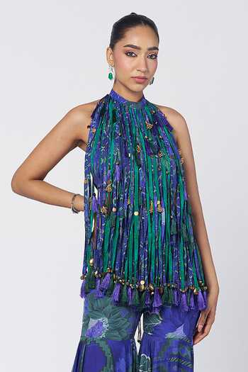 Shop Rishi And Vibhuti Blue Crepe Halter Neck Rimjhim Trims Play Sharara Set With Tassel Cape Online at Aza Fashions Shop_Rishi And Vibhuti_Blue Crepe Halter Neck Rimjhim Trims Play Sharara Set With Tassel Cape _Online_at_Aza_Fashions