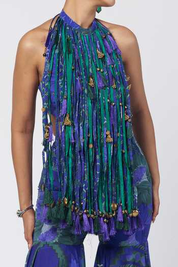Rishi And Vibhuti Blue Crepe Halter Neck Rimjhim Trims Play Sharara Set With Tassel Cape at Aza Fashions Rishi And Vibhuti_Blue Crepe Halter Neck Rimjhim Trims Play Sharara Set With Tassel Cape _at_Aza_Fashions