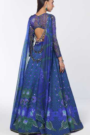 Rishi And Vibhuti Blue Organza, Crepe Round Neck Dolly Draped Cape And Lehenga Set Online at Aza Fashions Rishi And Vibhuti_Blue Organza, Crepe Round Neck Dolly Draped Cape And Lehenga Set _Online_at_Aza_Fashions