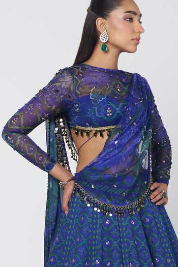 Shop Rishi And Vibhuti Blue Organza, Crepe Round Neck Dolly Draped Cape And Lehenga Set Online at Aza Fashions Shop_Rishi And Vibhuti_Blue Organza, Crepe Round Neck Dolly Draped Cape And Lehenga Set _Online_at_Aza_Fashions