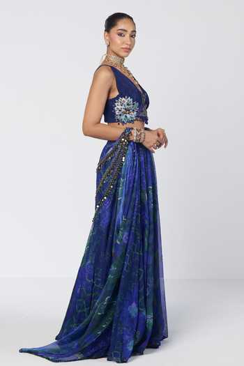 Rishi And Vibhuti Blue Organza, Crepe Halter Neck Rimjhim Woo Lehenga Set With Hand Cape Online at Aza Fashions Rishi And Vibhuti_Blue Organza, Crepe Halter Neck Rimjhim Woo Lehenga Set With Hand Cape _Online_at_Aza_Fashions