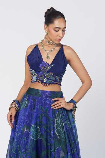 Shop Rishi And Vibhuti Blue Organza, Crepe Halter Neck Rimjhim Woo Lehenga Set With Hand Cape Online at Aza Fashions Shop_Rishi And Vibhuti_Blue Organza, Crepe Halter Neck Rimjhim Woo Lehenga Set With Hand Cape _Online_at_Aza_Fashions
