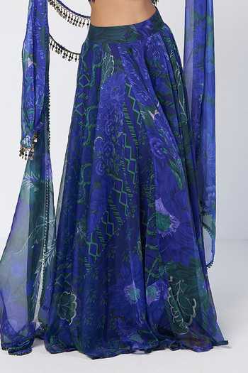 Rishi And Vibhuti Blue Organza, Crepe Halter Neck Rimjhim Woo Lehenga Set With Hand Cape at Aza Fashions Rishi And Vibhuti_Blue Organza, Crepe Halter Neck Rimjhim Woo Lehenga Set With Hand Cape _at_Aza_Fashions