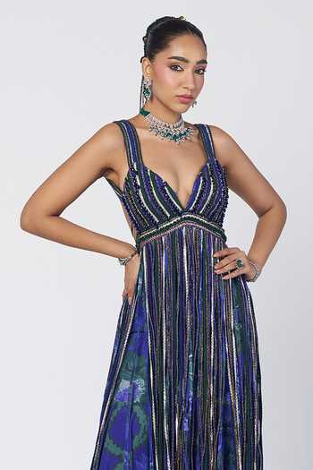 Rishi And Vibhuti Blue Crepe Sweetheart Neck Rimjhim Cascading Tassel Blouse With Sharara Online at Aza Fashions Rishi And Vibhuti_Blue Crepe Sweetheart Neck Rimjhim Cascading Tassel Blouse With Sharara _Online_at_Aza_Fashions