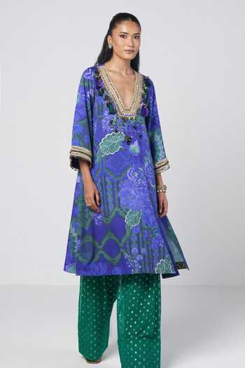 Rishi And Vibhuti_Blue Georgette, Crepe, Jacquard Plunge Rimjhim Choga Kurta And Farshi Salwar Set _Online_at_Aza_Fashions