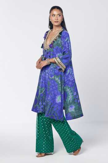 Buy_Rishi And Vibhuti_Blue Georgette, Crepe, Jacquard Plunge Rimjhim Choga Kurta And Farshi Salwar Set _Online_at_Aza_Fashions