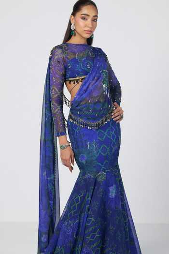 Rishi And Vibhuti_Blue Organza Round Neck Rani Fish-cut Skirt Set With Draped Cape _Online_at_Aza_Fashions
