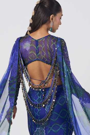 Buy_Rishi And Vibhuti_Blue Organza Round Neck Rani Fish-cut Skirt Set With Draped Cape _Online_at_Aza_Fashions