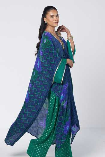 Rishi And Vibhuti_Blue Georgette, Crepe, Jacquard V-neck Pere Printed Kaftan With Farshi Salwar _Online_at_Aza_Fashions