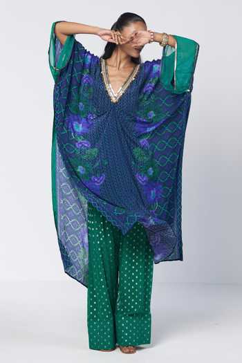 Buy_Rishi And Vibhuti_Blue Georgette, Crepe, Jacquard V-neck Pere Printed Kaftan With Farshi Salwar _Online_at_Aza_Fashions