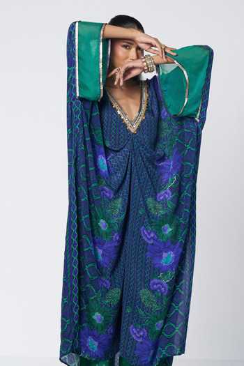 Shop_Rishi And Vibhuti_Blue Georgette, Crepe, Jacquard V-neck Pere Printed Kaftan With Farshi Salwar _Online_at_Aza_Fashions