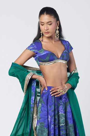 Rishi And Vibhuti_Blue Organza, Crepe Sweetheart Neck Rimjhim Boho Printed Lehenga Set _Online_at_Aza_Fashions