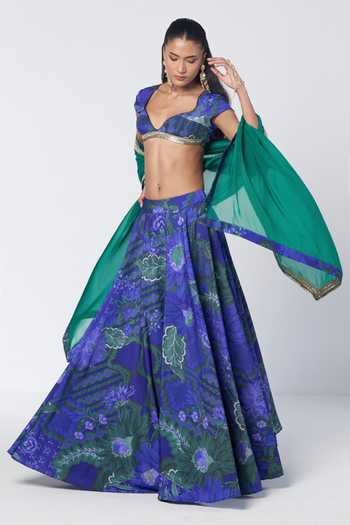 Shop_Rishi And Vibhuti_Blue Organza, Crepe Sweetheart Neck Rimjhim Boho Printed Lehenga Set _Online_at_Aza_Fashions