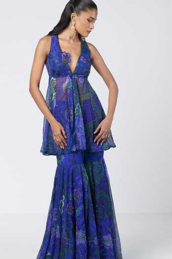 Rishi And Vibhuti_Blue Organza V-neck Jhim Mingle Peplum Kurta And Sharara Set _Online_at_Aza_Fashions