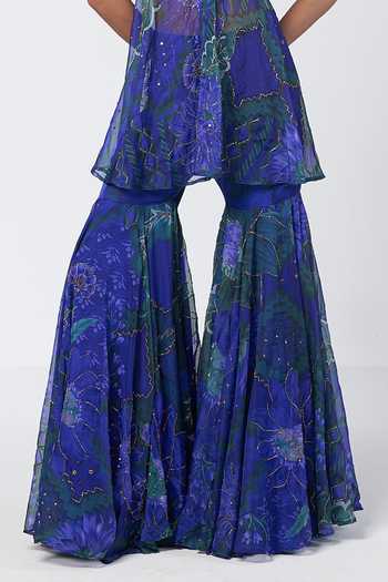 Buy_Rishi And Vibhuti_Blue Organza V-neck Jhim Mingle Peplum Kurta And Sharara Set _Online_at_Aza_Fashions