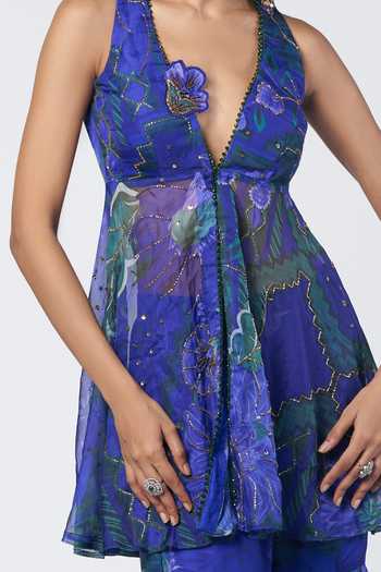 Shop_Rishi And Vibhuti_Blue Organza V-neck Jhim Mingle Peplum Kurta And Sharara Set _Online_at_Aza_Fashions