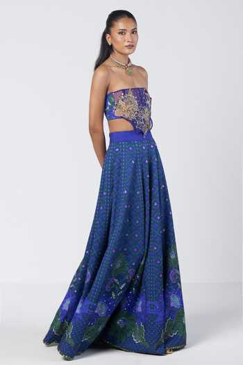 Rishi And Vibhuti_Blue Crepe, Net Applique, Stones Bandeau Neck Rim Dilbar Corset And Lehenga Set _Online_at_Aza_Fashions