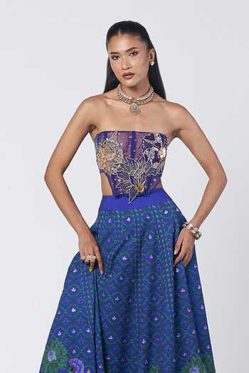 Buy_Rishi And Vibhuti_Blue Crepe, Net Applique, Stones Bandeau Neck Rim Dilbar Corset And Lehenga Set _Online_at_Aza_Fashions