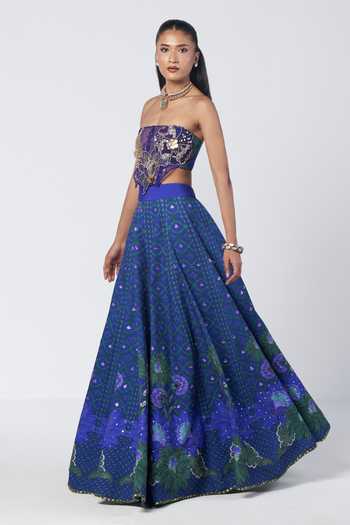 Shop_Rishi And Vibhuti_Blue Crepe, Net Applique, Stones Bandeau Neck Rim Dilbar Corset And Lehenga Set _Online_at_Aza_Fashions