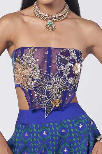 Rishi And Vibhuti_Blue Crepe, Net Applique, Stones Bandeau Neck Rim Dilbar Corset And Lehenga Set _at_Aza_Fashions