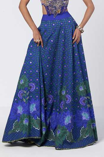Buy_Rishi And Vibhuti_Blue Crepe, Net Applique, Stones Bandeau Neck Rim Dilbar Corset And Lehenga Set 