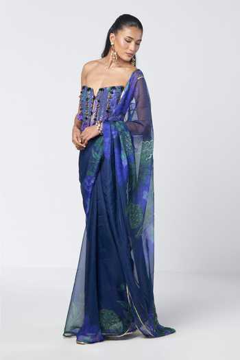 Rishi And Vibhuti_Blue Cotton, Organza, Jacquard Tassels Rimsim Printed Saree With Corset _Online_at_Aza_Fashions