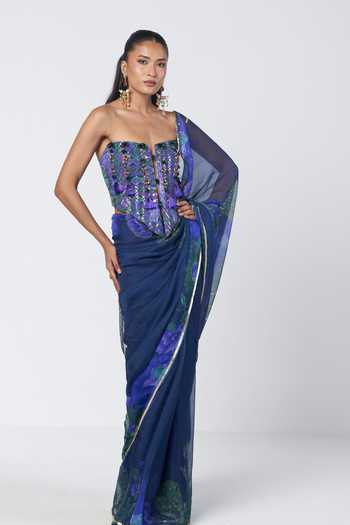 Buy_Rishi And Vibhuti_Blue Cotton, Organza, Jacquard Tassels Rimsim Printed Saree With Corset _Online_at_Aza_Fashions
