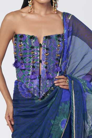 Shop_Rishi And Vibhuti_Blue Cotton, Organza, Jacquard Tassels Rimsim Printed Saree With Corset _Online_at_Aza_Fashions