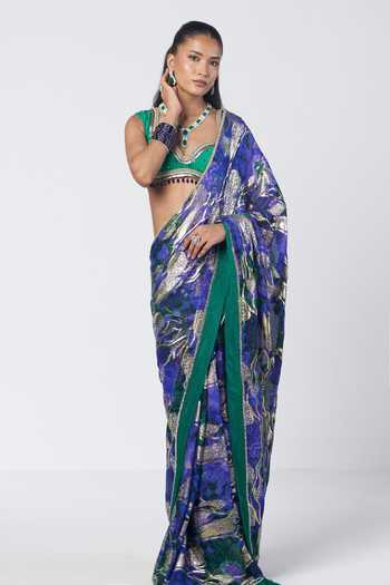Rishi And Vibhuti_Blue Silk, Georgette, Chanderi, Jacquard Rimi Printed Saree With Back Tie Blouse _Online_at_Aza_Fashions