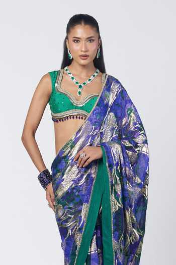 Buy_Rishi And Vibhuti_Blue Silk, Georgette, Chanderi, Jacquard Rimi Printed Saree With Back Tie Blouse _Online_at_Aza_Fashions