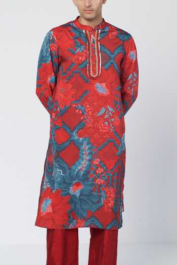 Buy_Rishi And Vibhuti_Red Crepe Floral Print Kurta Set _Online_at_Aza_Fashions